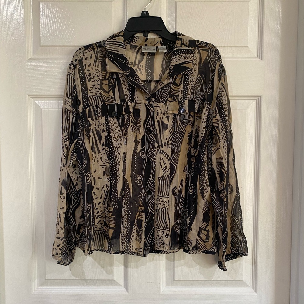 Chico's 100% Silk Semisheer Blouse Top Size 3 Long Sleeve Abstract Button Down